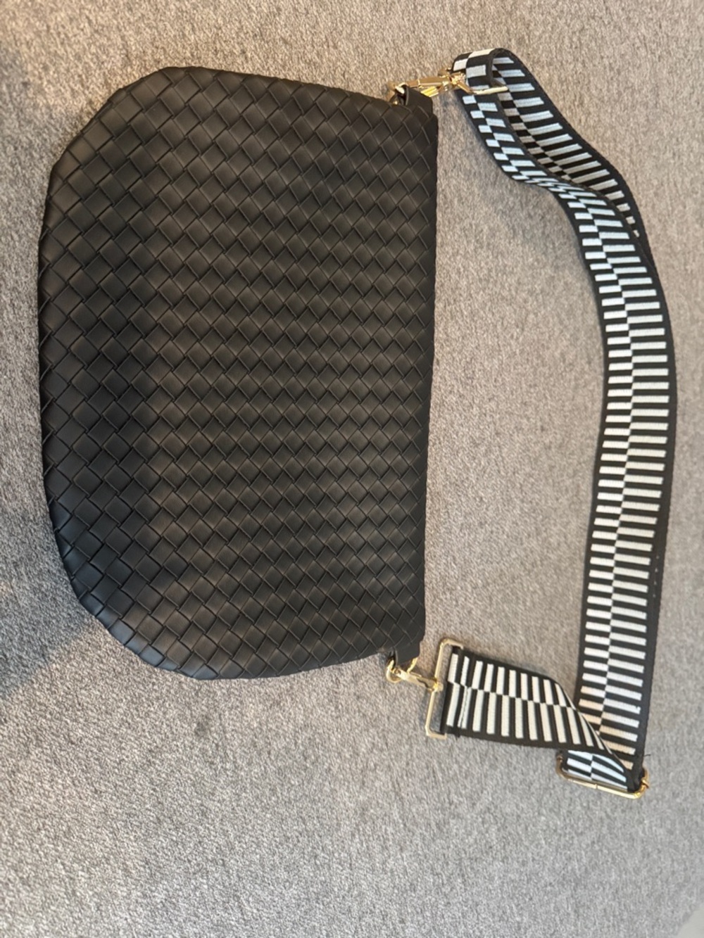 Woven Black Crossbody Bag with Striped Adjustable Strap - Picture 2 of 3